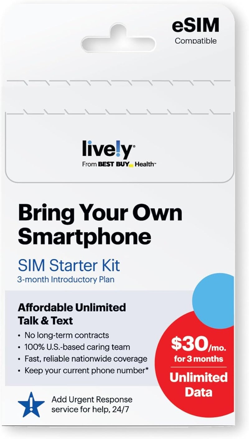 Lively SIM/e-SIM Kit - Unlimited Talk, Text & Data with Access to Exclusive Services Including Urgent Response and Caregiver App - Keep Your Own Phone Number - Image 1